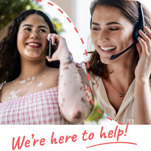 A combined photo of a Treatment Navigator and a young woman with Vitiligo separated by a red dotted line. On the left is the young woman with Vitiligo, wearing a pink and white top, smiling with her phone in her right hand up to her ear. On the right is the Treatment Navigator, who is a woman with short brown hair, wearing a beige top and a microphone headset smiling on the phone.